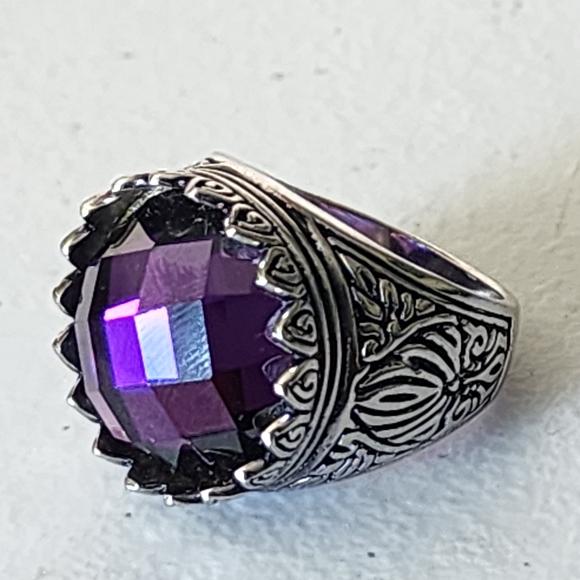 925 Sterling Silver Jewelry - Vintage-Inspired Chunky Crown Amethyst Purple Gemstone Ring Size 7.5 Jewelry
